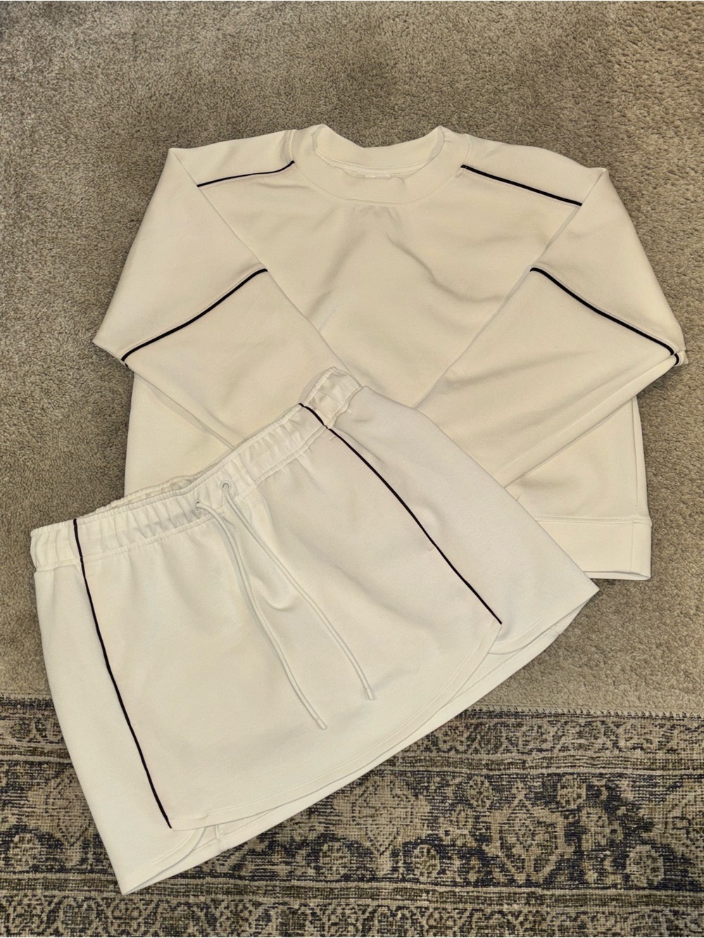All in Motion Cream White Two-Piece Sweatshirt and Skort Set with Black Piping